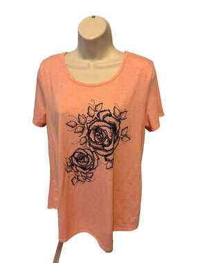 Rue Juju Women L Light Orange/Black Roses Print Soft Short Sleeve Top